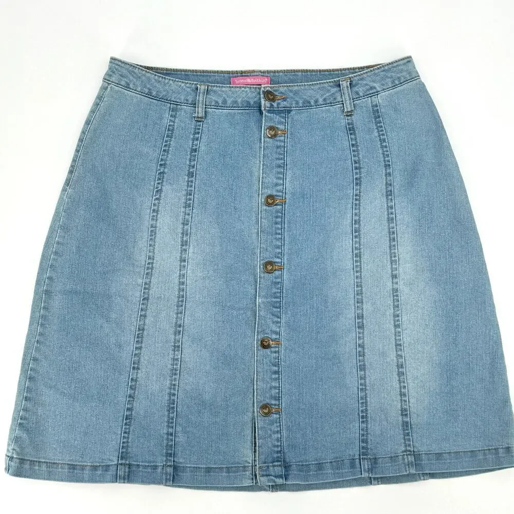 VTG Woman Within Brass Button Front Knee Length A-Line Faded Jean Skirt Size 14W